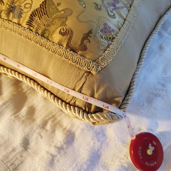 Embroidered silk accent pillow in tan, gold, light blue, pink, 15" square - Picture 10 of 12